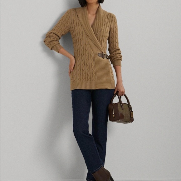 Lauren Ralph Lauren Camel Shawl Collar Cable Knit Cardigan with Buckle - Picture 7 of 7